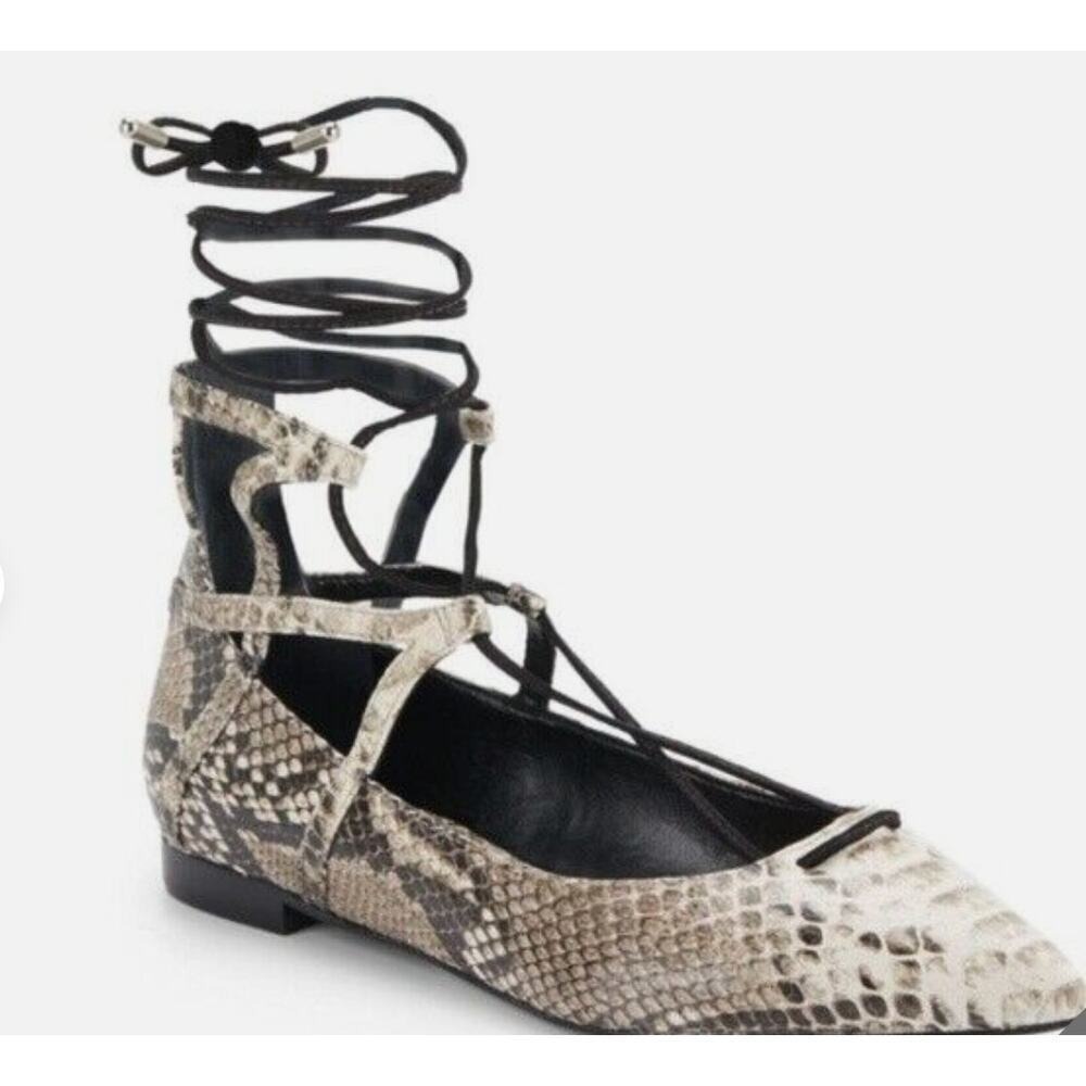 Schutz Beryl Snake Print Lace Up Strappy  Pointy Toe Ballet Flats‎ Size 8
